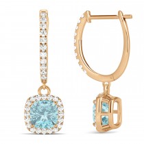 Cushion Lab Aquamarine & Lab Diamond Halo Dangling Earrings 14k Rose Gold (2.70ct)