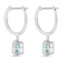 Cushion Lab Aquamarine & Lab Diamond Halo Dangling Earrings 14k White Gold (2.70ct)