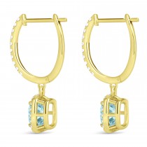 Cushion Aquamarine & Diamond Halo Dangling Earrings 14k Yellow Gold (2.70ct)