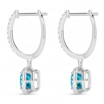 Cushion Shape Blue Diamond & Diamond Halo Dangling Earrings 14k White Gold (2.18ct)