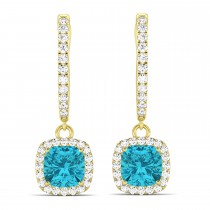 Cushion Shape Blue Diamond & Diamond Halo Dangling Earrings 14k Yellow Gold (2.18ct)