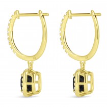 Cushion Shape Black Diamond & Diamond Halo Dangling Earrings 14k Yellow Gold (2.18ct)