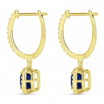 Cushion Blue Sapphire & Diamond Halo Dangling Earrings 14k Yellow Gold (2.70ct)