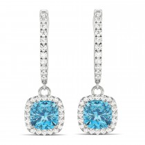 Cushion Lab Blue Topaz & Lab Diamond Halo Dangling Earrings 14k White Gold (3.00ct)