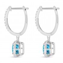 Cushion Blue Topaz & Diamond Halo Dangling Earrings 14k White Gold (3.00ct)