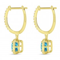 Cushion Blue Topaz & Diamond Halo Dangling Earrings 14k Yellow Gold (3.00ct)