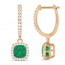 Cushion Lab Emerald & Lab Diamond Halo Dangling Earrings 14k Rose Gold (2.70ct)