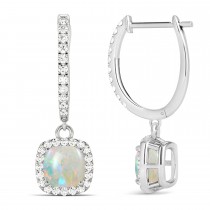 Cushion Opal & Diamond Halo Dangling Earrings 14k White Gold (2.90ct)