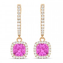 Cushion Pink Sapphire & Diamond Halo Dangling Earrings 14k Rose Gold (2.70ct)