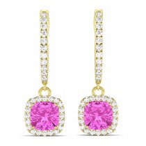 Cushion Pink Sapphire & Diamond Halo Dangling Earrings 14k Yellow Gold (2.70ct)