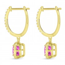 Cushion Pink Sapphire & Diamond Halo Dangling Earrings 14k Yellow Gold (2.70ct)