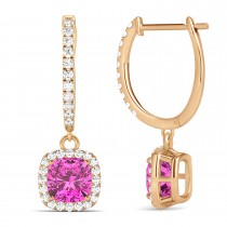 Cushion Pink Topaz & Diamond Halo Dangling Earrings 14k Rose Gold (3.00ct)