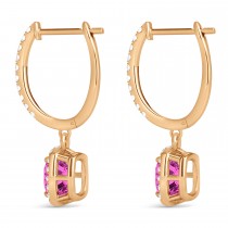 Cushion Pink Topaz & Diamond Halo Dangling Earrings 14k Rose Gold (3.00ct)
