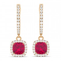 Cushion Ruby & Diamond Halo Dangling Earrings 14k Rose Gold (3.40ct)