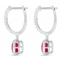 Cushion Lab Ruby & Lab Diamond Halo Dangling Earrings 14k White Gold (3.40ct)