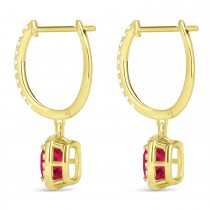 Cushion Ruby & Diamond Halo Dangling Earrings 14k Yellow Gold (3.40ct)