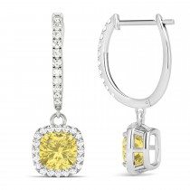 Cushion Shape Yellow Diamond & Diamond Halo Dangling Earrings 14k White Gold (2.18ct)