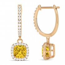 Cushion Yellow Sapphire & Diamond Halo Dangling Earrings 14k Rose Gold (2.70ct)