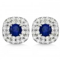 Double Halo Blue Sapphire & Diamond Earrings 14k White Gold (1.36ct)