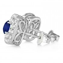 Double Halo Blue Sapphire & Diamond Earrings 14k White Gold (1.36ct)