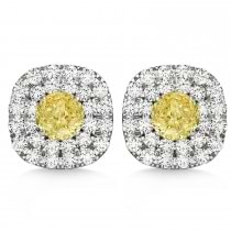 Double Halo Yellow & White Diamond Earrings 14k White Gold (1.36ct)