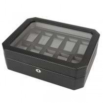 WOLF Windsor Ten Piece Watch Box in Black Faux Leather