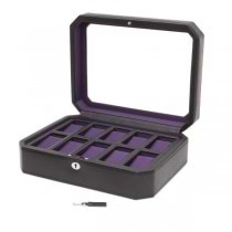 WOLF Windsor Ten Piece Watch Box in Black/Purple Faux Leather