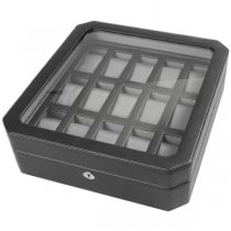 WOLF Windsor Fifteen Piece Watch Box in Black Faux Leather