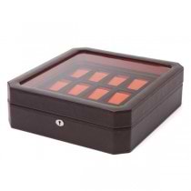 WOLF Windsor Fifteen Piece Watch Box in Brown/Orange Faux Leather