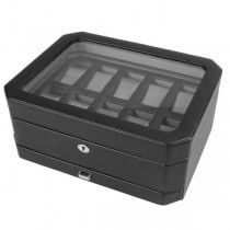 WOLF Windsor Ten Piece Watch Box w/ Drawer in Black Faux Leather