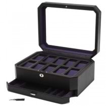 WOLF Windsor Ten Piece Watch Box w/ Drawer in Black/Purple Faux Leather