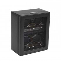 WOLF Roadster Men's 4 Watch Winder in Faux Leather w/ Glass Cover & Key Lock Closure