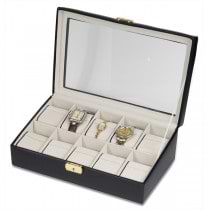 Elegant Calfskin Leather Watch Box with Glass Top Holds 10 Watches