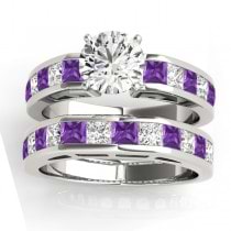 Diamond and Amethyst Accented Bridal Set 14k White Gold 2.20ct
