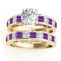 Diamond and Amethyst Accented Bridal Set 14k Yellow Gold 2.20ct