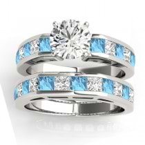Diamond and Blue Topaz Accented Bridal Set Platinum 2.20ct