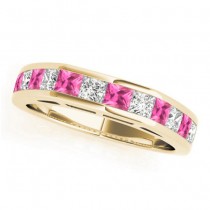 Diamond and Pink Sapphire Accented Wedding Band 14k Yellow Gold 1.20ct