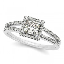 Princess Cut Diamond Halo Engagement Ring Split Shank 14k W Gold 1.20ct