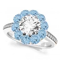 Floral Design Round Halo Aquamarine Engagement Ring 18k White Gold (2.50ct)