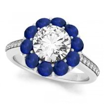 Floral Diamond & Blue Sapphire Halo Engagement Ring 18k White Gold (2.50ct)
