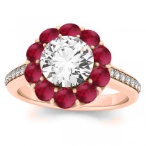 Diamond & Ruby Floral Round Halo Engagement Ring Setting 14k Rose Gold (1.00ct)