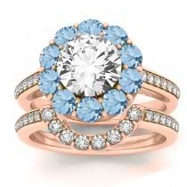 Diamond & Aquamarine Floral Halo Bridal Set Setting 14k Rose Gold (123ct)
