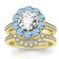 Diamond & Aquamarine Floral Halo Bridal Set Setting 14k Yellow Gold (1.23ct)