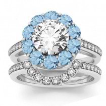 Diamond & Aquamarine Floral Halo Bridal Set Setting 18k White Gold (1.23ct)