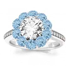 Diamond & Aquamarine Floral Halo Bridal Set Setting 18k White Gold (1.23ct)