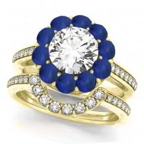 Floral Design Round Halo Blue Sapphire Bridal Set 18k Yellow Gold (2.73ct)