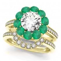 Floral Design Round Halo Emerald Bridal Set 14k Yellow Gold (2.73ct)