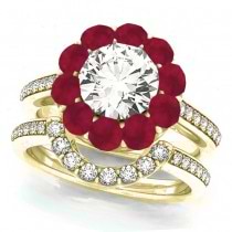 Floral Design Round Halo Ruby Bridal Set 14k Yellow Gold (2.73ct)