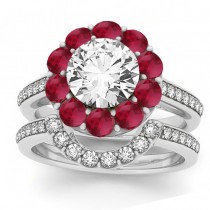Diamond & Ruby Floral Halo Bridal Set Setting 18k White Gold (1.23ct)
