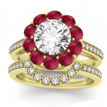 Diamond & Ruby Floral Halo Bridal Set Setting 18k Yellow Gold (1.23ct)